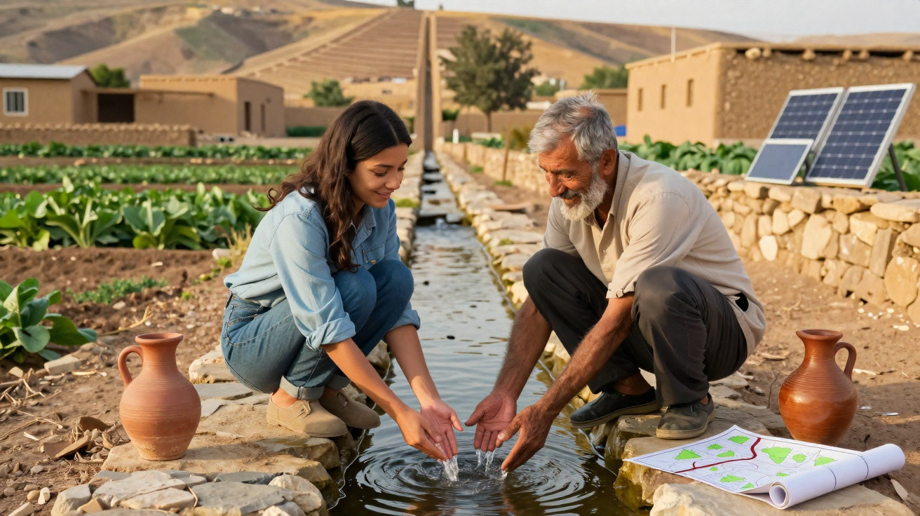 Homem e mulher coletando água em canal de irrigação em fazenda com painéis solares ao fundo.