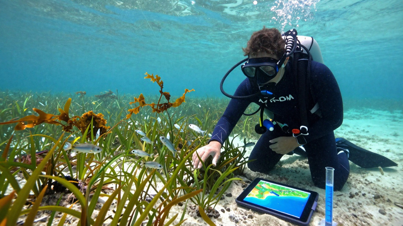 Mergulhador com equipamento de respiração examina plantas aquáticas e usa tablet submerso no mar.