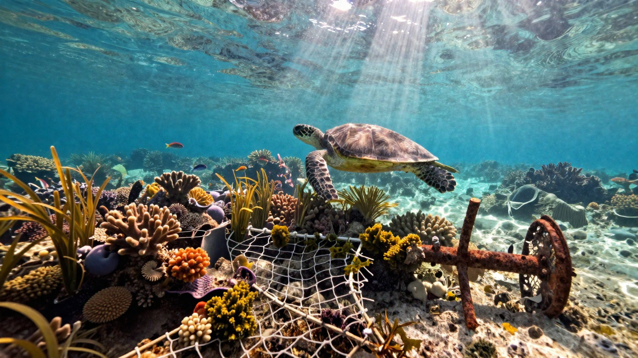 Tartaruga marinha nadando sobre recife de corais e rede de pesca submersa com luz solar entrando na água.