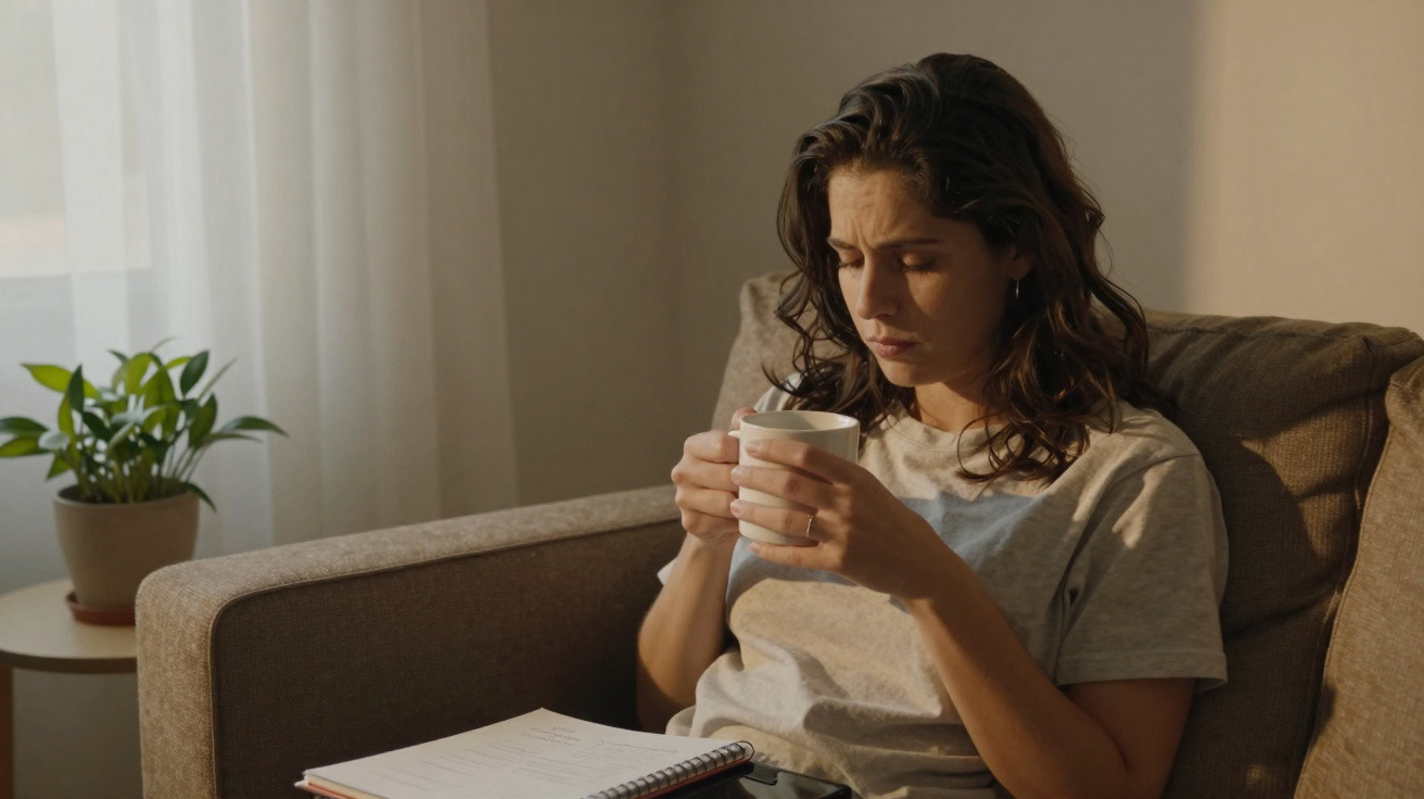 Mulher sentada no sofá segurando uma caneca branca e olhando para ela com expressão pensativa.