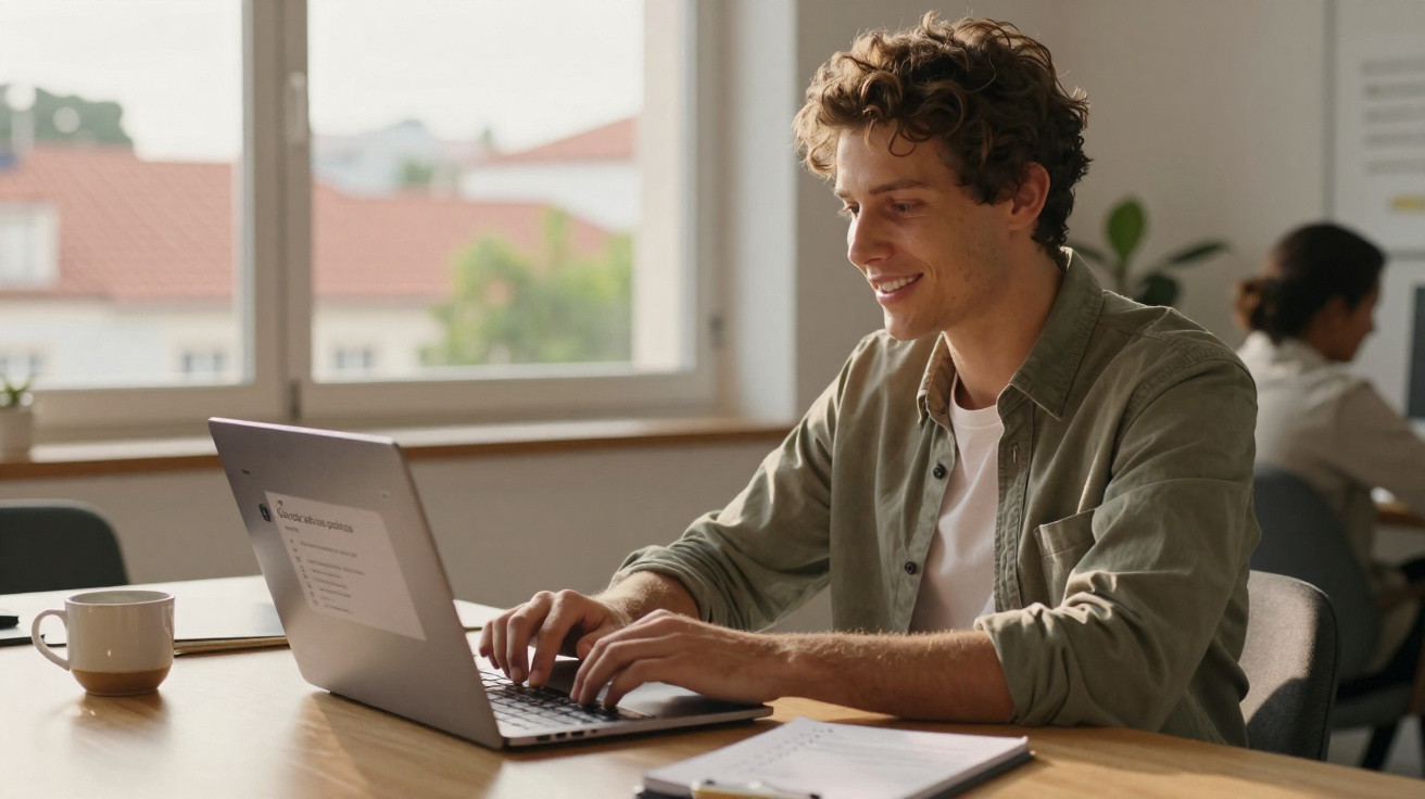 Jovem sorridente usando laptop em mesa com caderno e caneca, ao lado de janela em ambiente de trabalho.