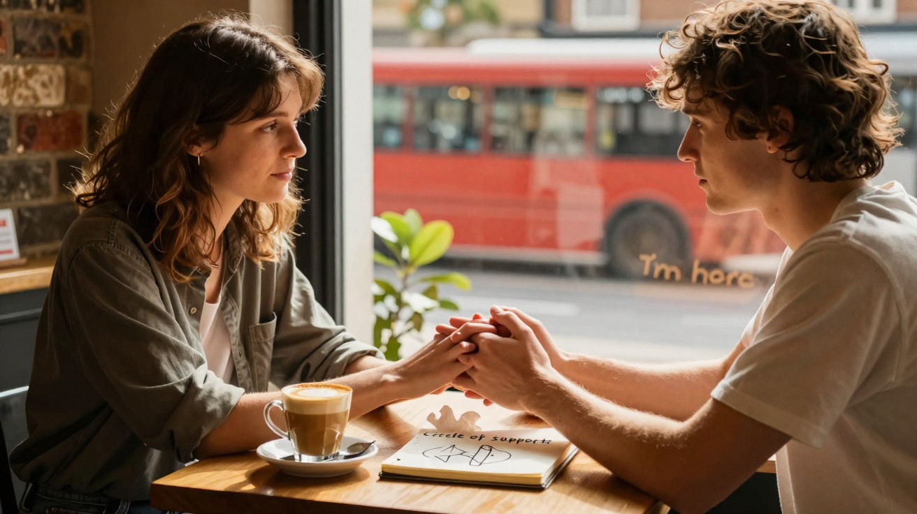 Casal jovem sentado em café segurando as mãos e conversando com expressão séria.