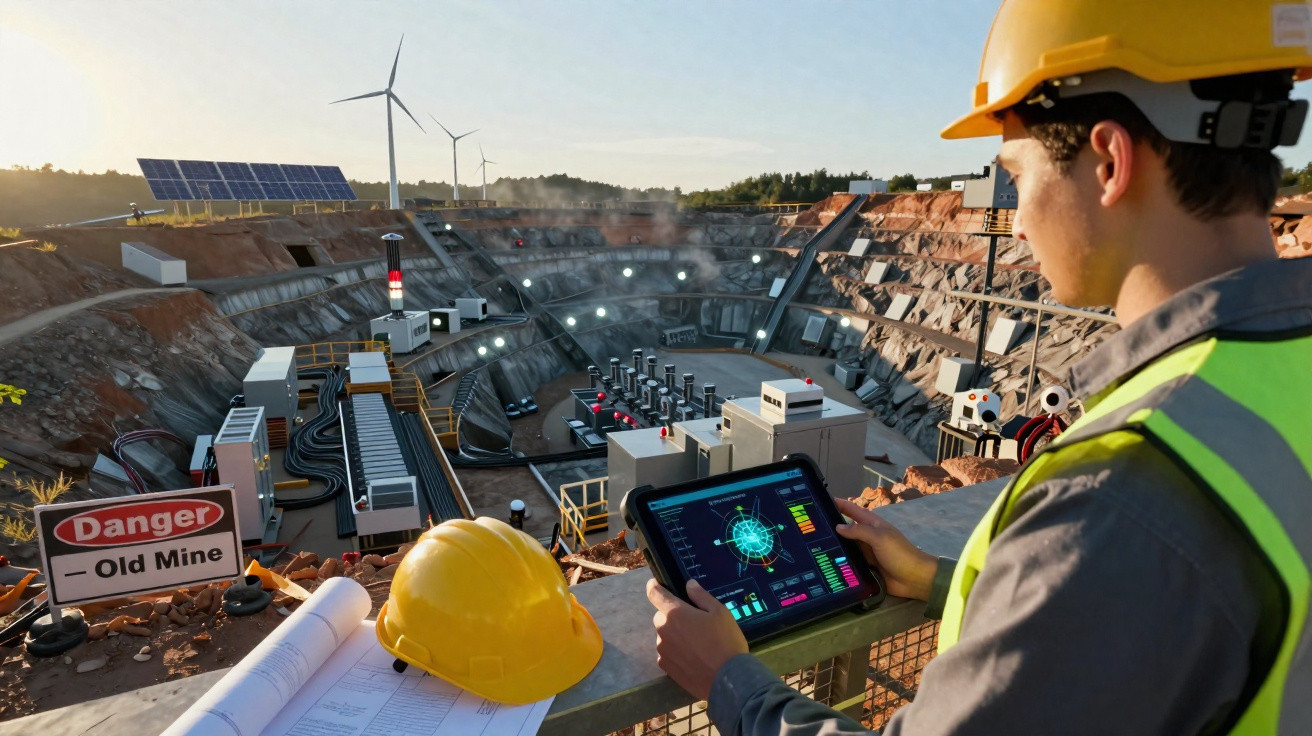 Engenheiro com capacete e colete fiscaliza antiga mina aberta com turbina eólica e painéis solares ao fundo.