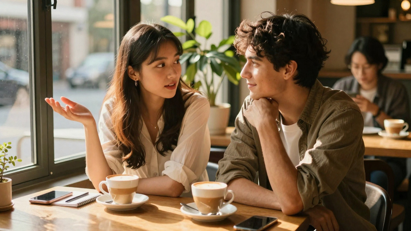 Mulher e homem conversando em mesa de café com xícaras e celulares, luz natural pela janela.