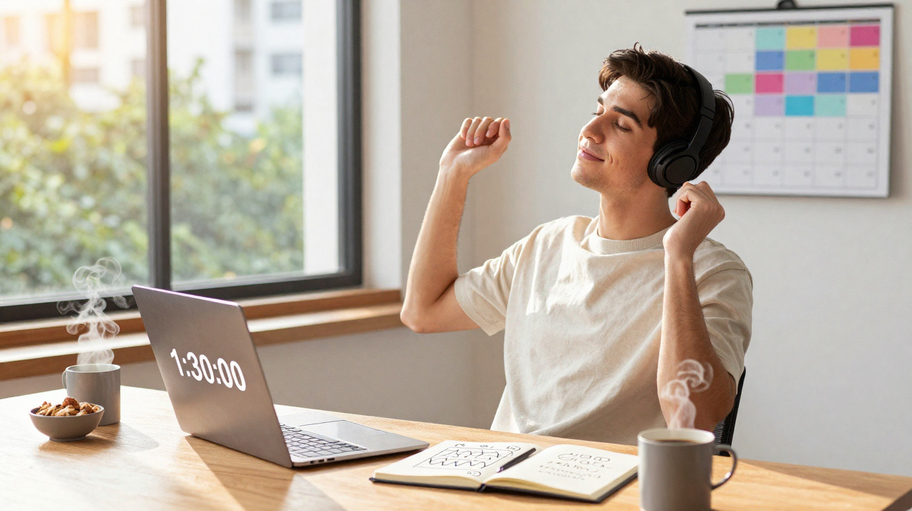 Jovem ouvindo música com fones, esticando os braços, sentado à mesa com laptop e café quente.