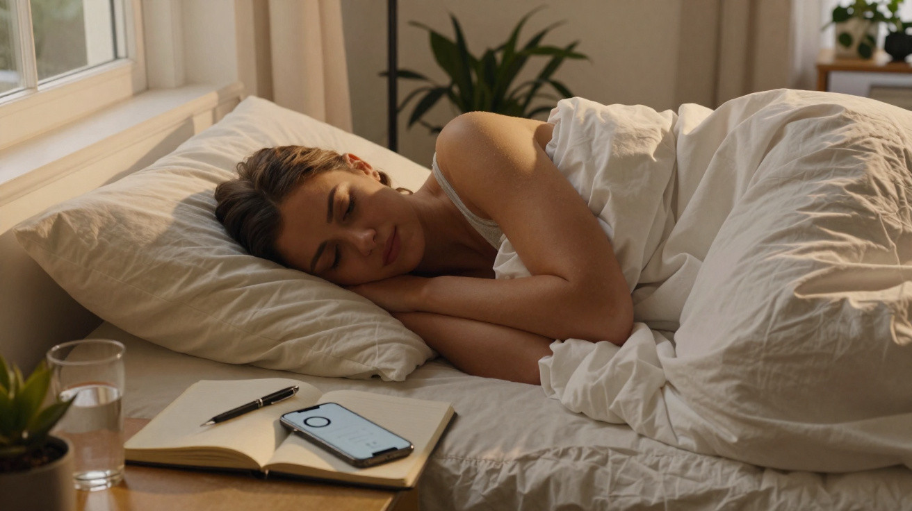 Mulher dormindo de lado na cama, coberta por lençol branco, com celular e livro na mesa ao lado.