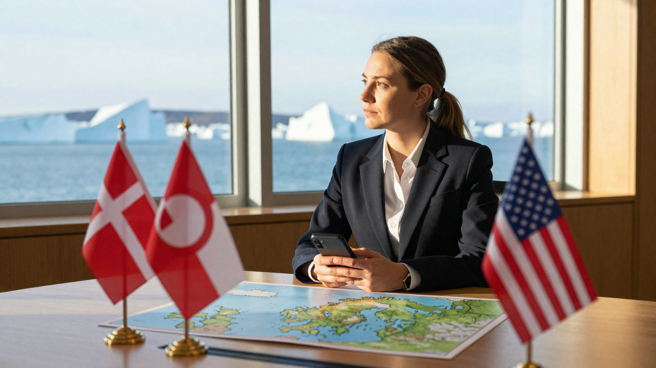 Mulher em terno olhando pela janela, sentada à mesa com mapa e bandeiras de Dinamarca, Groenlândia e EUA.
