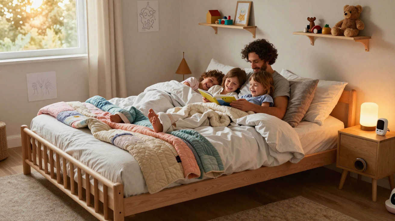 Pai lê livro para dois filhos na cama em quarto aconchegante com luz natural e brinquedos.