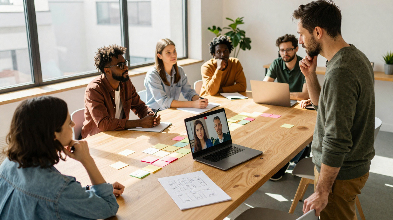 Grupo diverso em reunião presencial com colegas participando por videochamada em laptop sobre mesa com post-its coloridos.