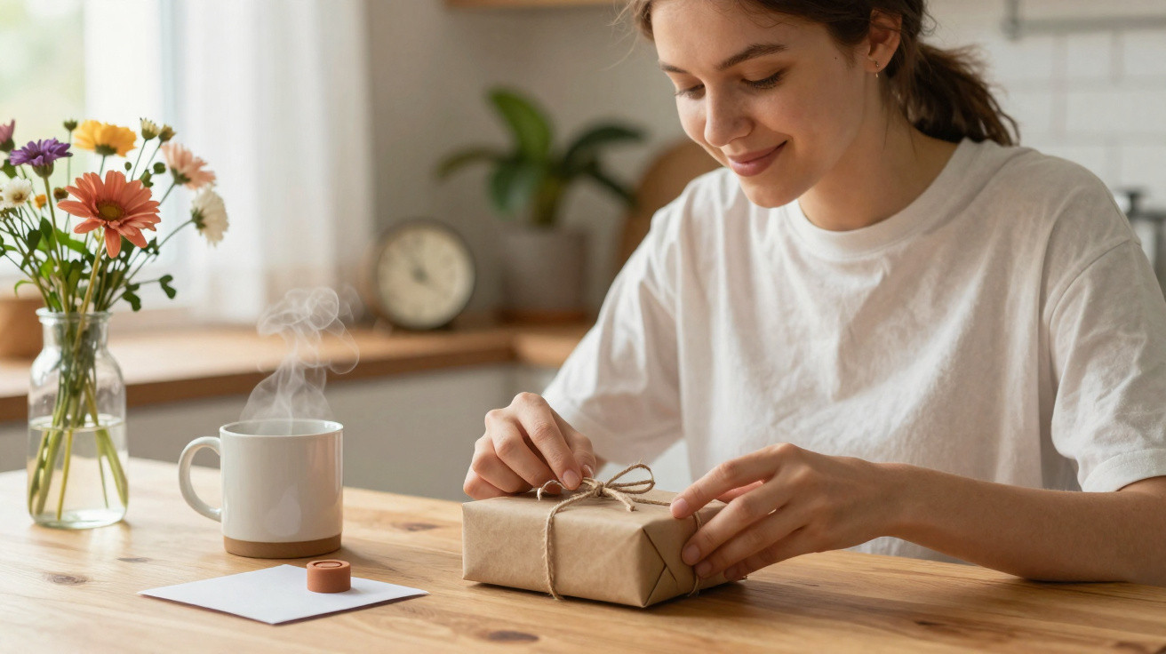 Jovem mulher sorrindo enquanto embala um presente com papel kraft em uma cozinha iluminada.