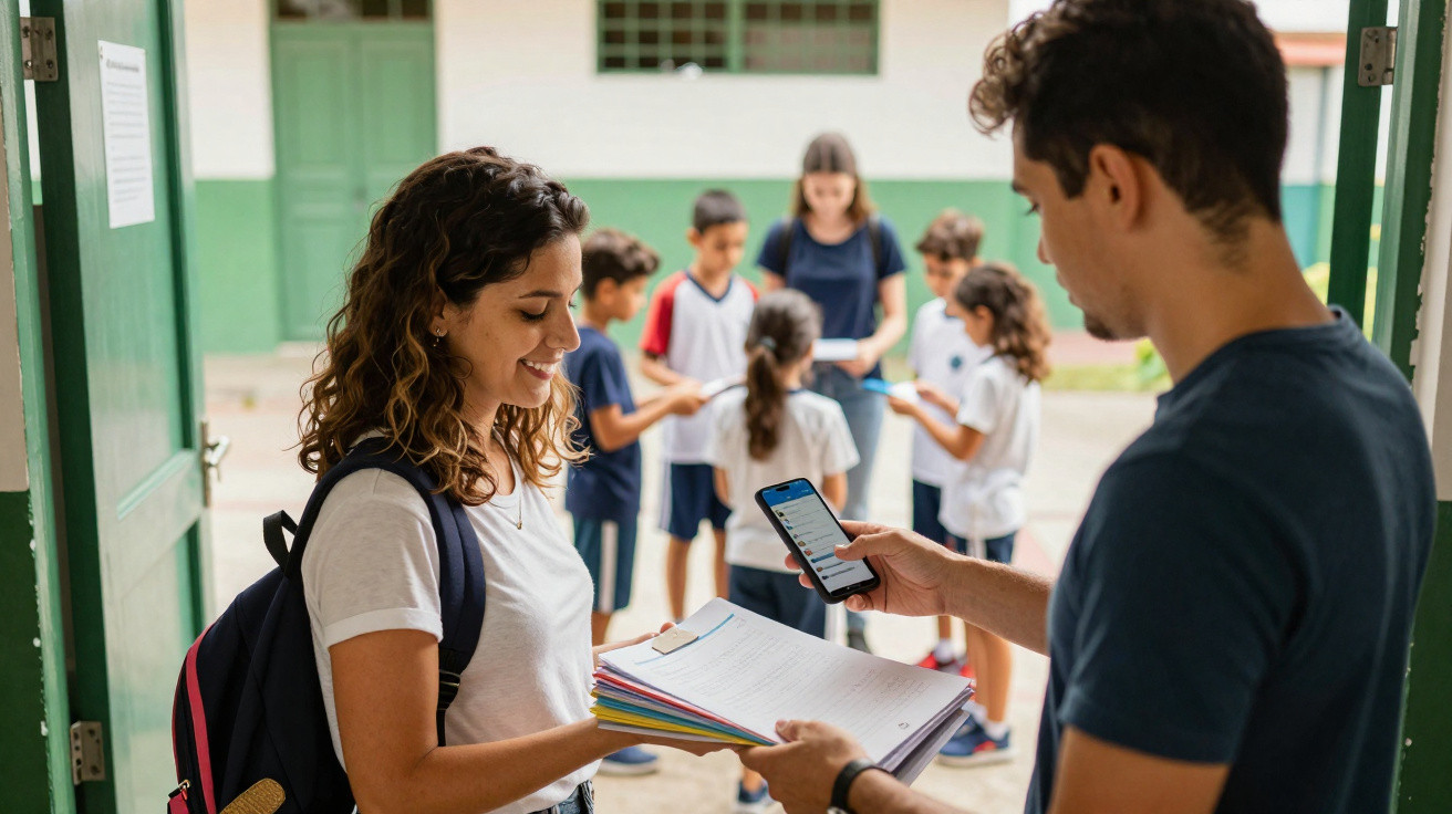 Jovem professora entrega cadernos para aluno na escola com crianças ao fundo.