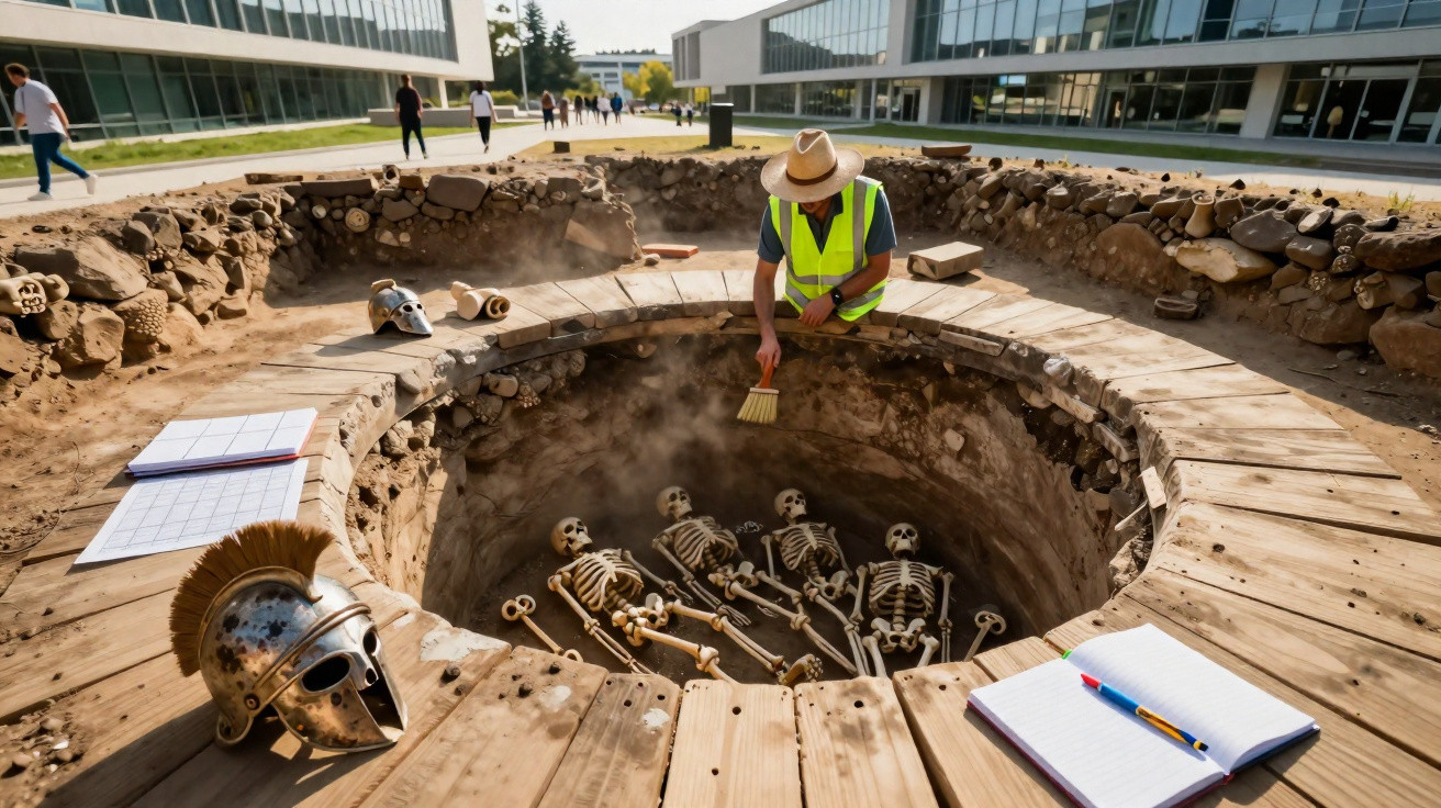 Arqueólogo escava caverna circular com esqueletos e capacete antigo em área externa de universidade moderna.