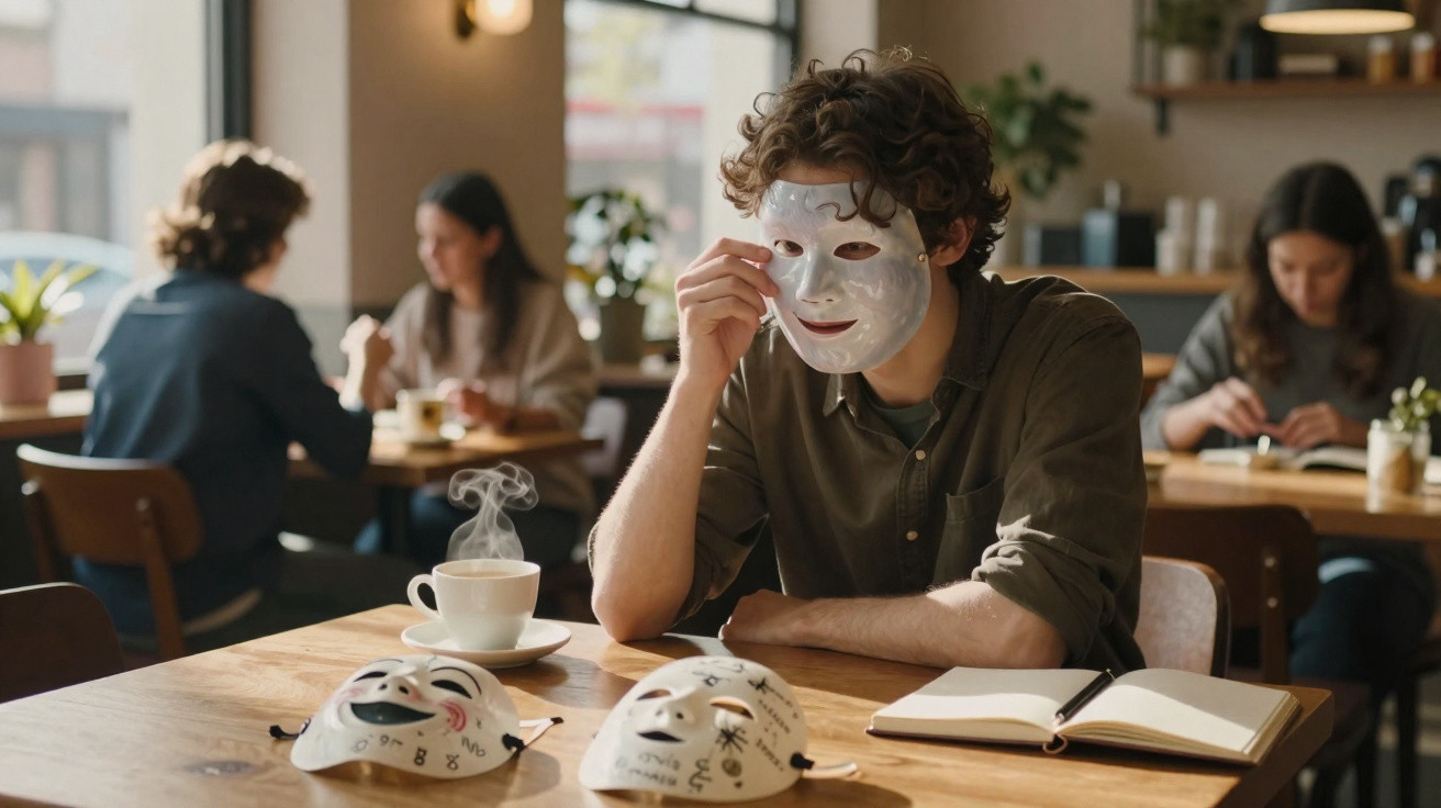 Jovem sentado em café, usando máscara branca e com duas máscaras decoradas sobre a mesa ao lado de um caderno aberto.