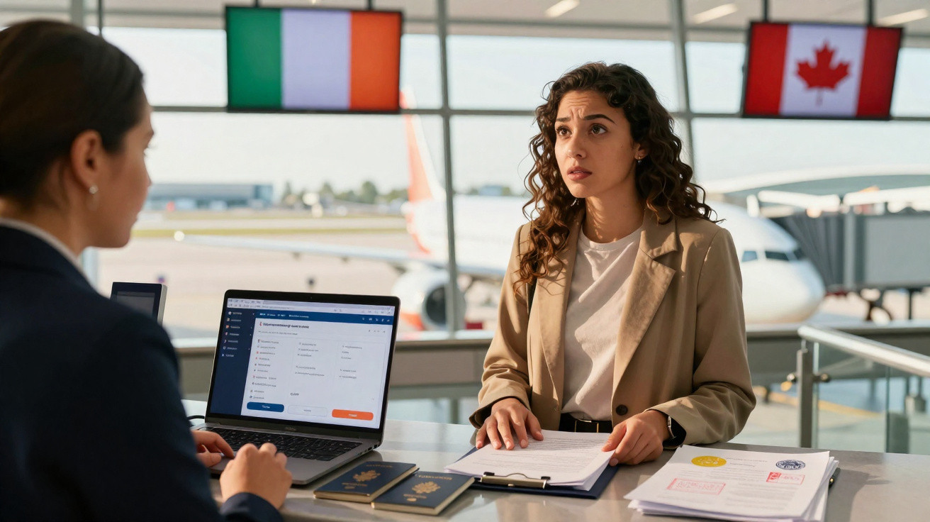 Mulher com expressão preocupada faz pergunta para atendente em balcão de aeroporto, com passaportes e avião ao fundo.