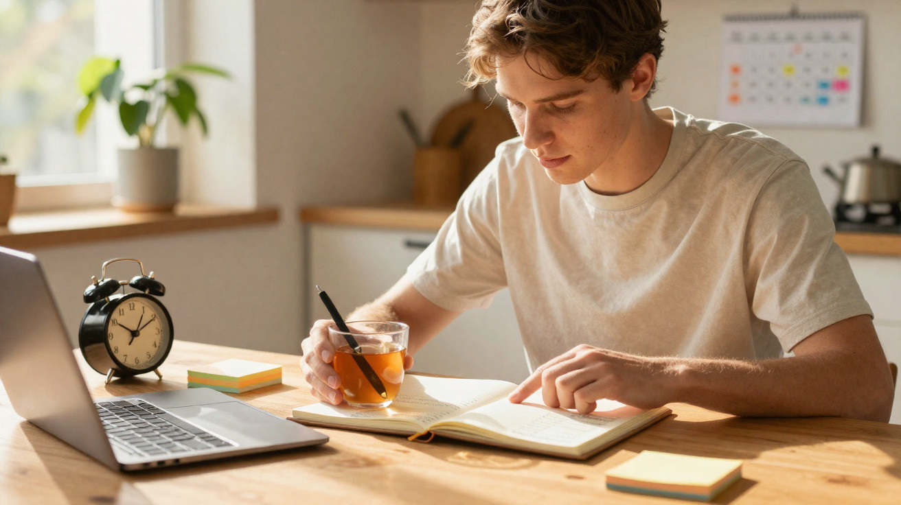 Jovem sentado à mesa com livro aberto, segurando copo de chá, laptop e relógio por perto em ambiente iluminado.