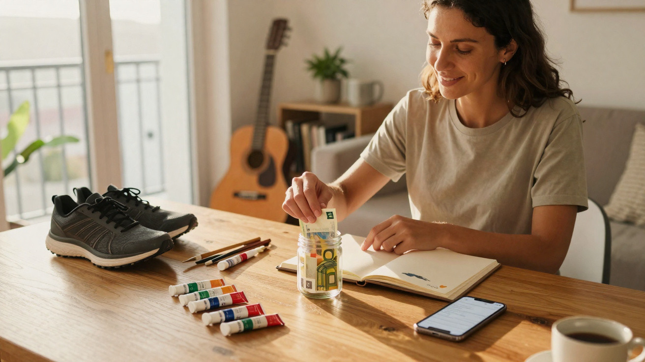 Mulher feliz colocando dinheiro em pote para economizar, com tênis, pintura e caderno na mesa.
