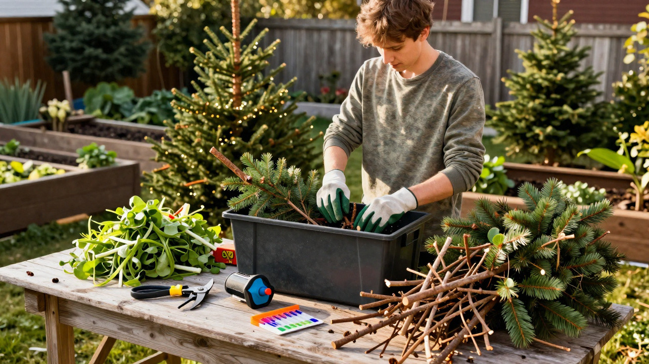 Jovem organizando galhos de pinheiro e plantas em recipiente preto em mesa de madeira no jardim.