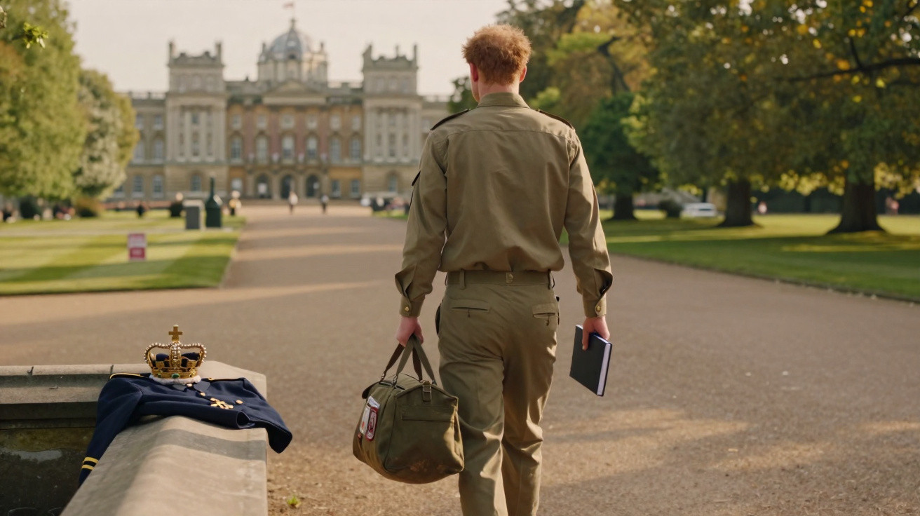 Homem de uniforme militar caminha em direção a um palácio, carregando bolsa e livro, com coroa e jaqueta sobre parede.