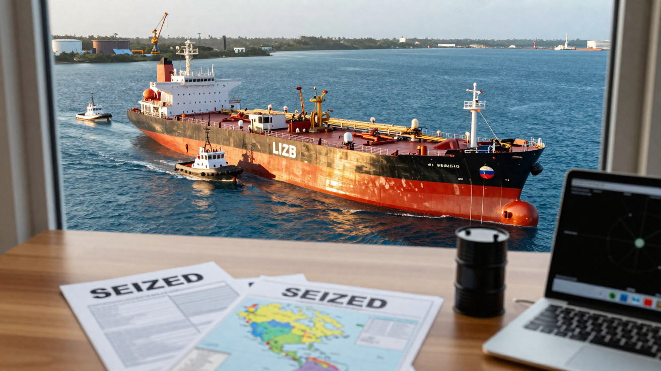 Navio cargueiro vermelho e preto com auxílio de rebocadores visto de uma cabine com documentos e laptop.