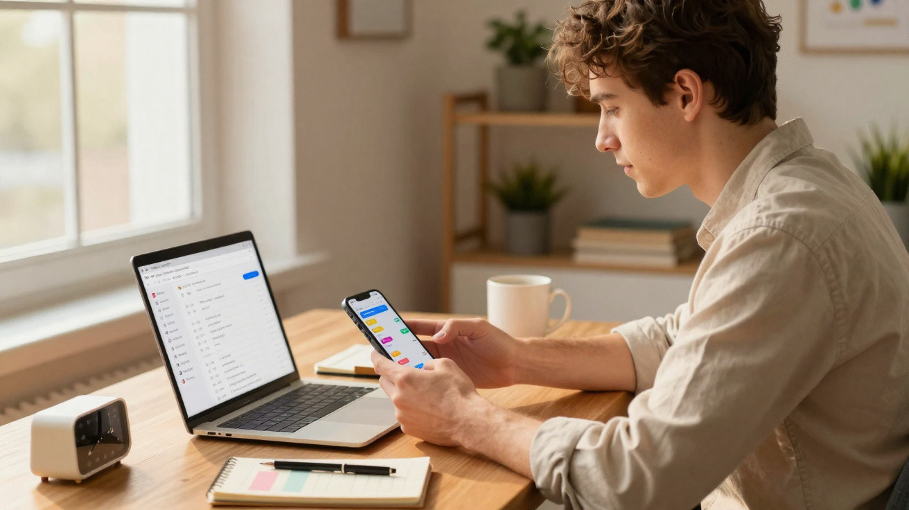 Jovem sentado à mesa usando smartphone e notebook, com caderno, caneta, relógio e xícara ao redor.