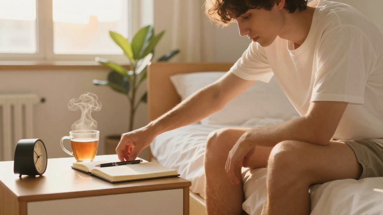 Jovem sentado na cama alcançando uma caneta sobre caderno em mesa próxima com chá e relógio analógico.