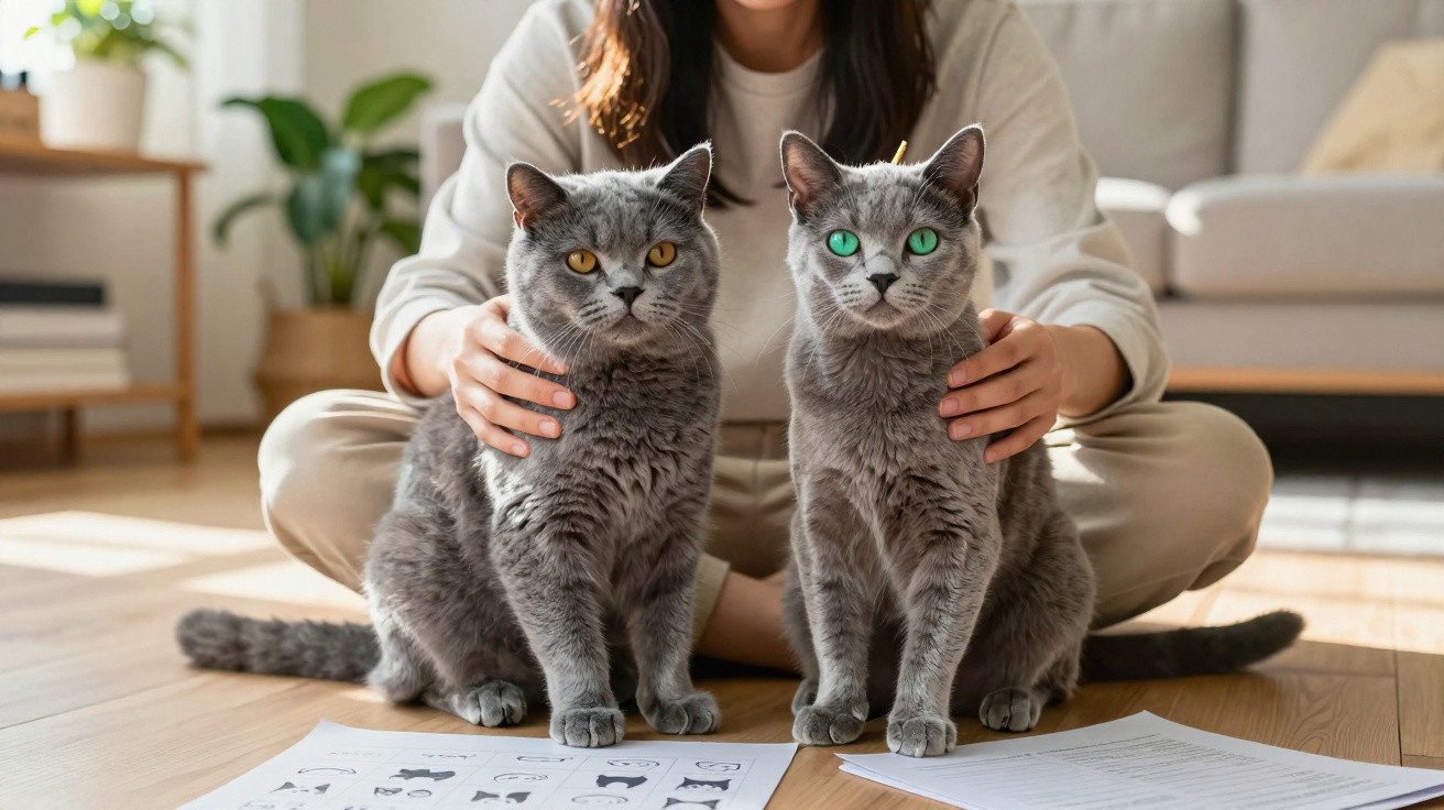 Pessoa com duas gatas cinzas de olhos diferentes sentadas no chão de madeira com papéis à frente.