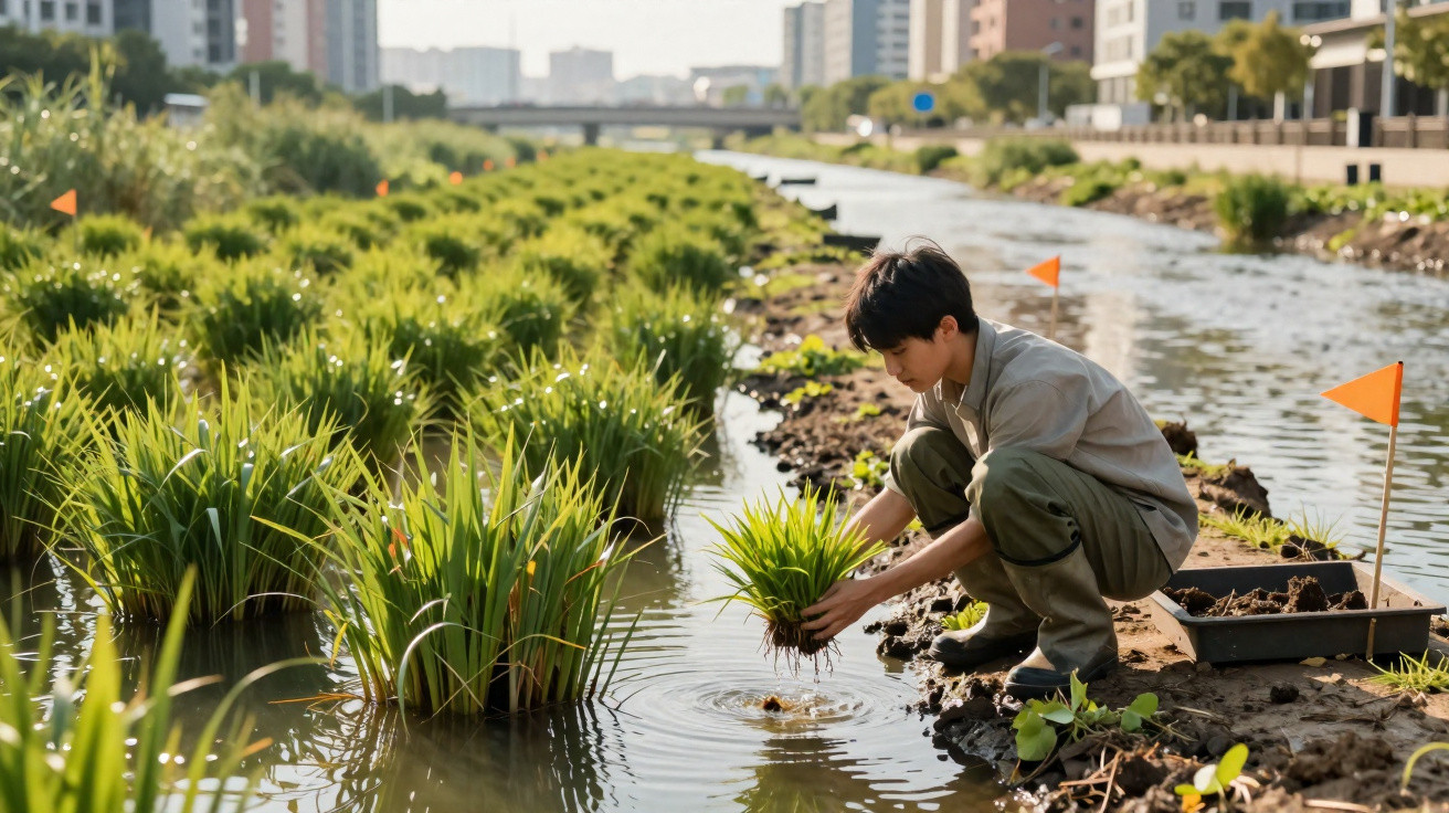 Pessoa plantando vegetação aquática em margem de rio entre prédios urbanos.