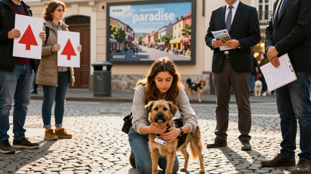 Mulher ajoelhada abraça cachorro em praça, enquanto pessoas seguram placas com setas vermelhas apontando para cima.