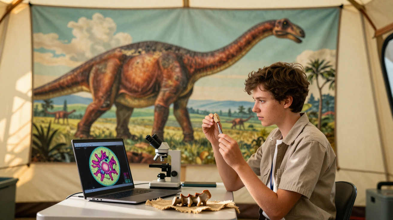 Adolescente examina fóssil em tenda com mural de dinossauro, laptop e microscópio na mesa.