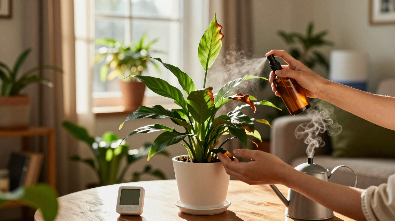 Pessoa borrifando água em planta verde com folhas avermelhadas em vaso branco sobre mesa de madeira.
