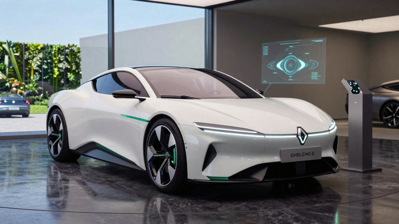 Carro elétrico branco Renault Embleme-e em showroom moderno com iluminação suave e painel interativo.