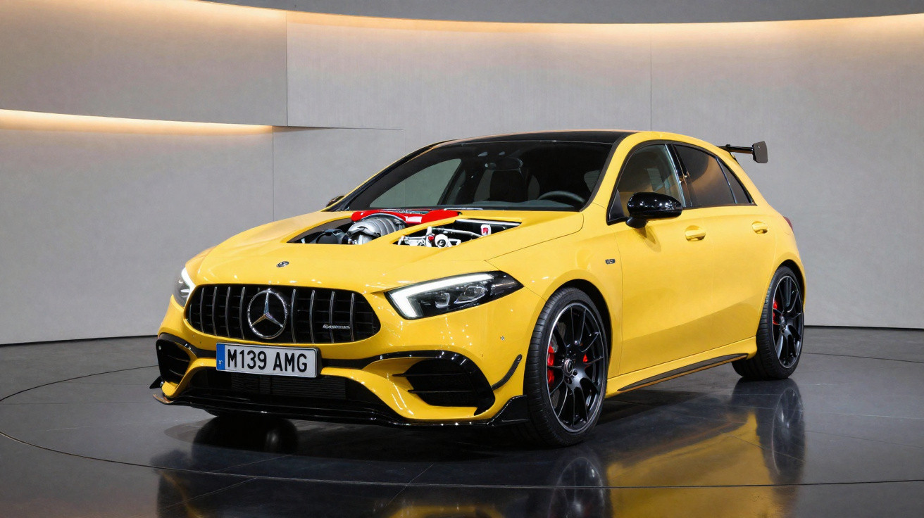 Carro esportivo amarelo Mercedes-Benz com capô transparente mostrando motor em exposição interna.