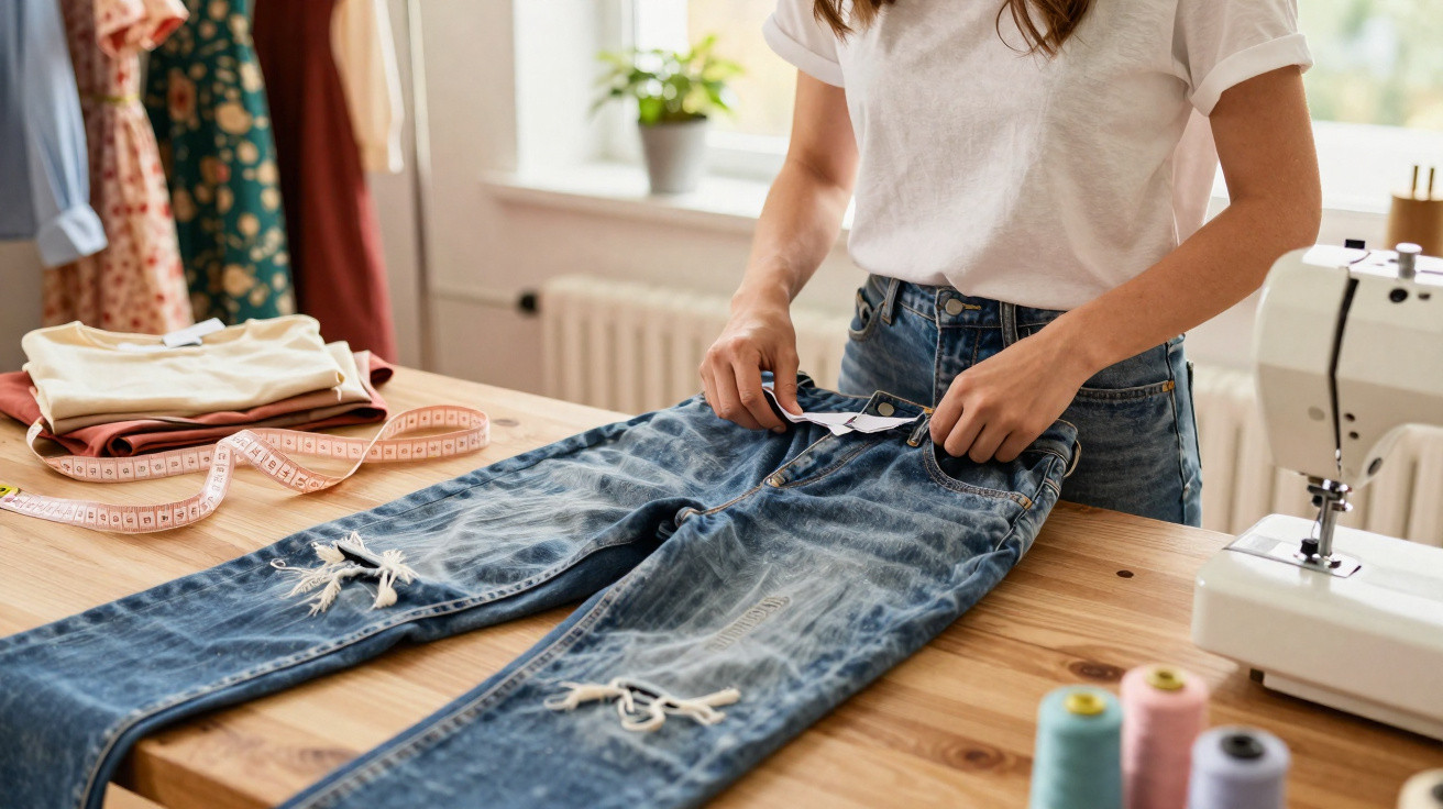 Pessoa ajustando etiqueta em calça jeans rasgada sobre mesa com máquina de costura e rolos de linha.