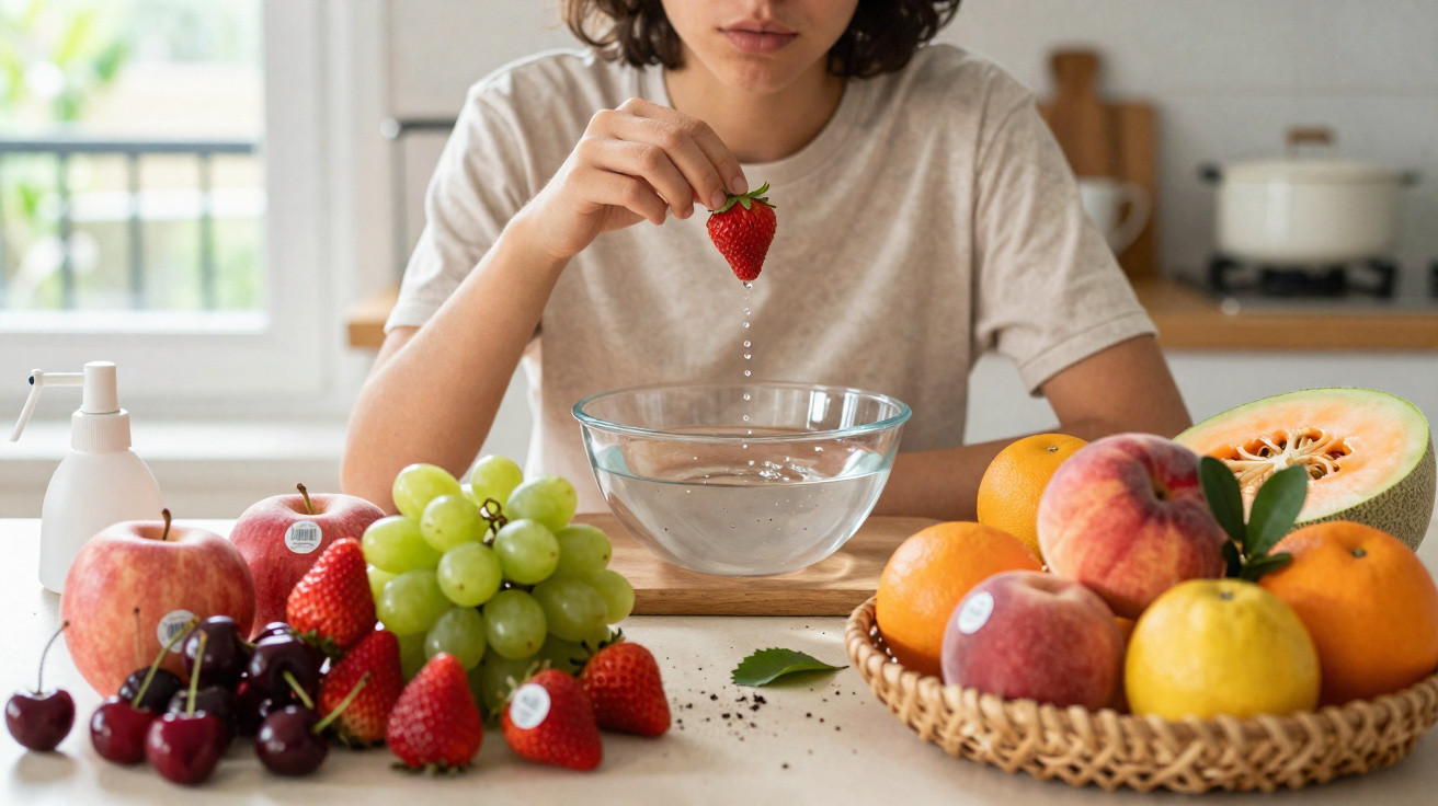 Pessoa segurando morango pingando água sobre tigela com várias frutas frescas na mesa da cozinha.