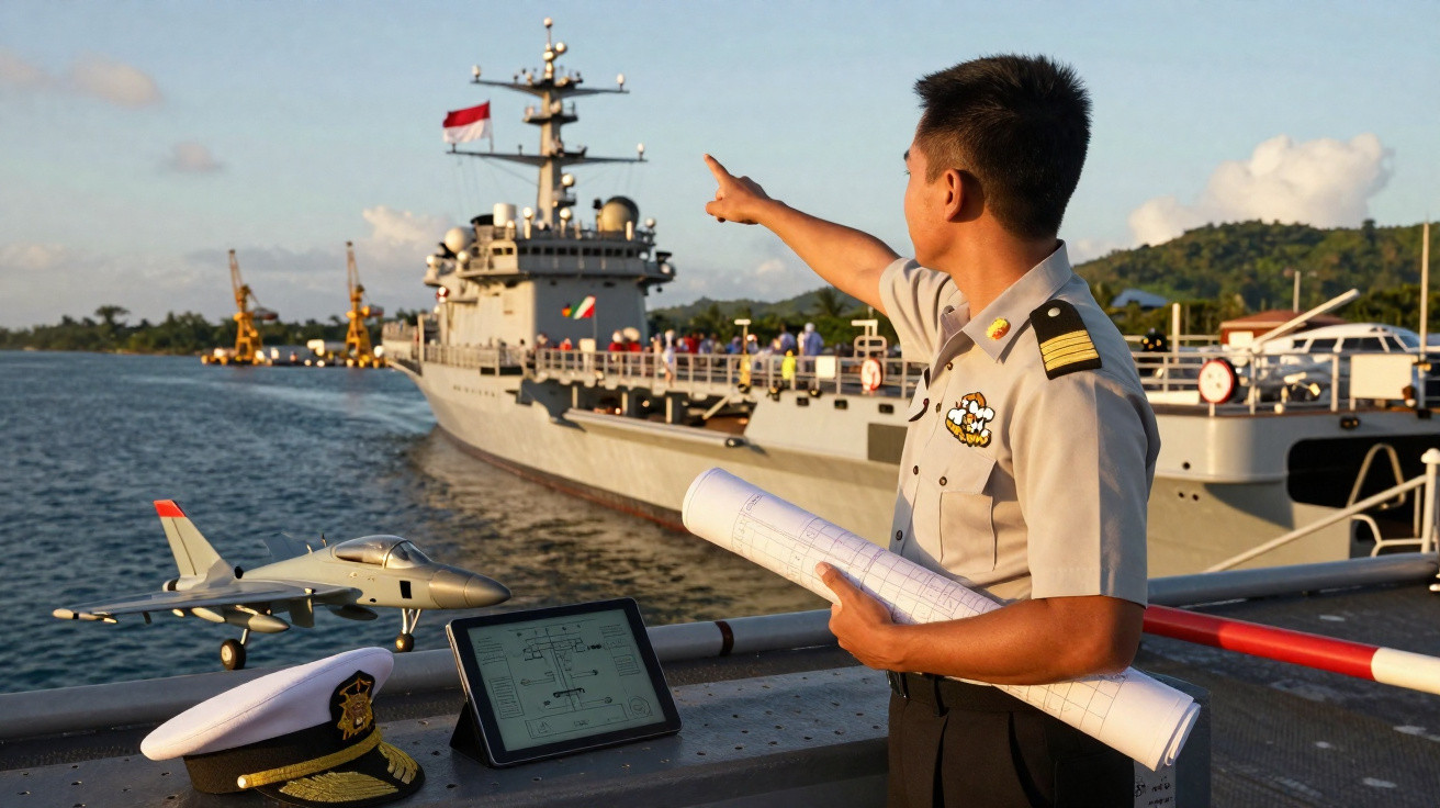Militar naval apontando para navio de guerra atracado, com maquete de avião e documentos técnicos à frente.