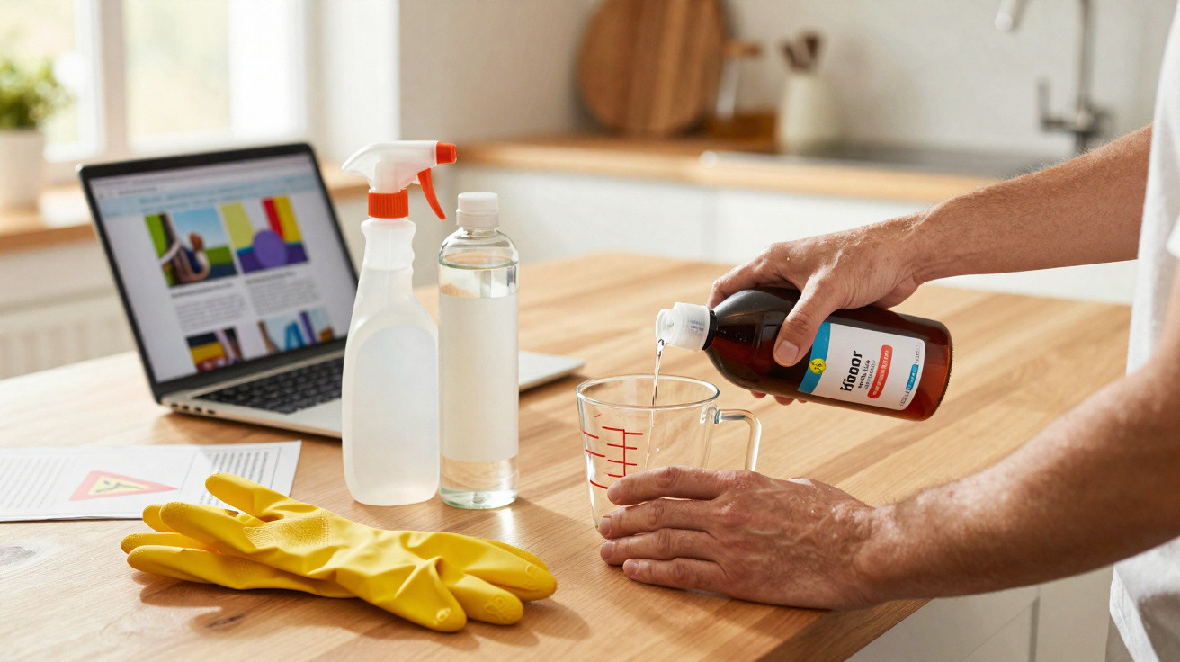 Pessoa medindo solução de limpeza em copo medidor na cozinha com laptop, luvas amarelas e produtos de limpeza.