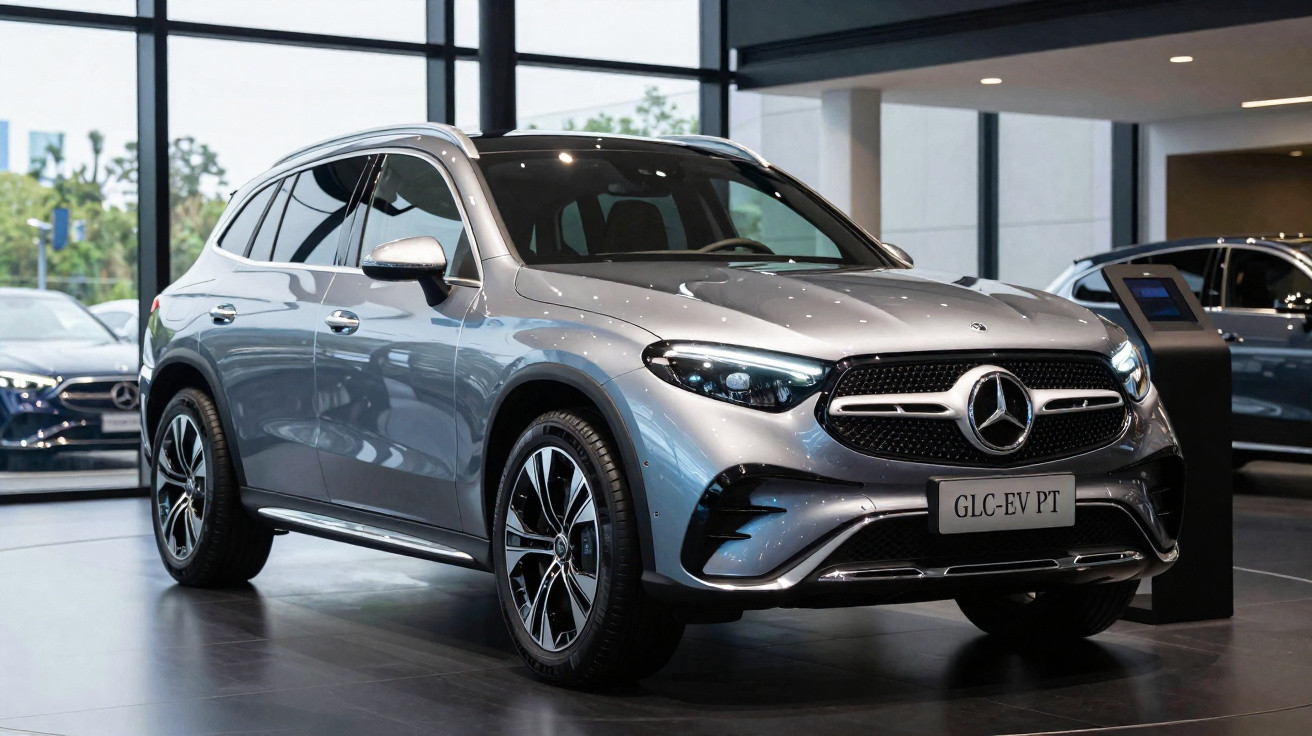 Carro SUV elétrico Mercedes-Benz GLC-EV prata exibido em showroom moderno.