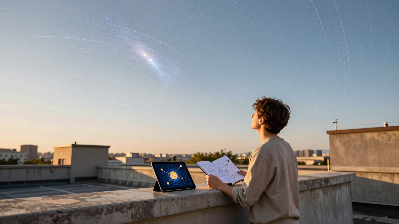 Pessoa observando o céu estrelado no terraço com tablet e caderno de astronomia ao entardecer.