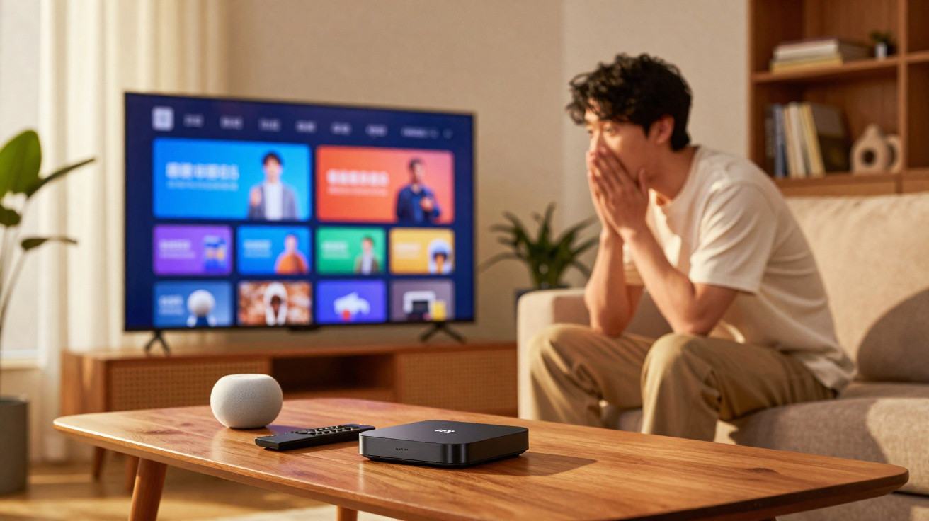 Homem surpreendido assistindo TV smart com controle remoto e dispositivos na mesa de madeira.