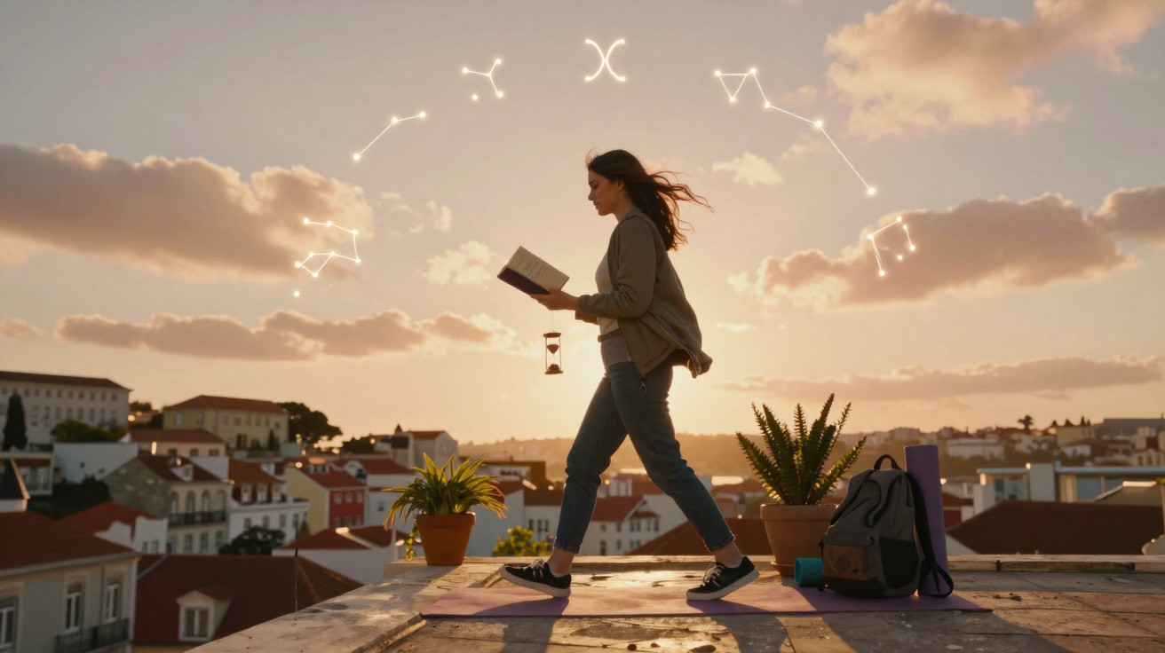 Mulher lendo livro no terraço ao pôr do sol com constelações zodiacais brilhantes ao redor.
