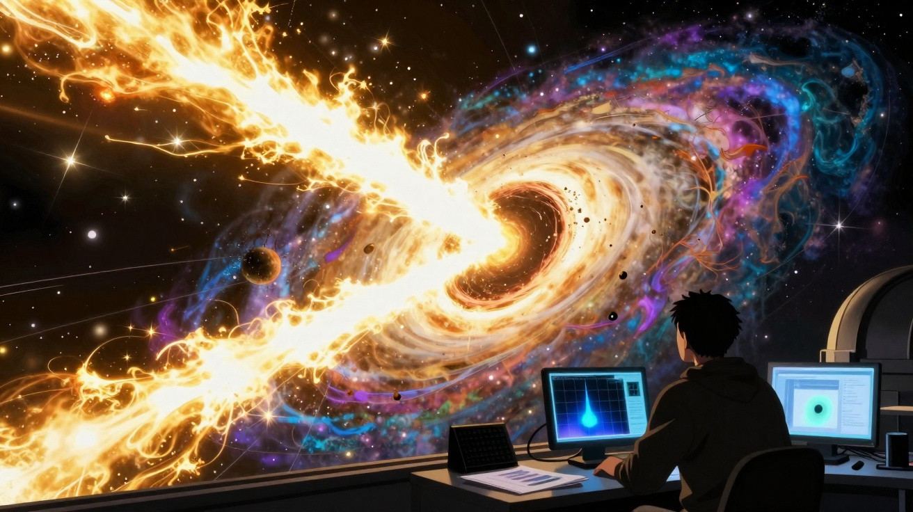 Pessoa observando buraco negro com jato de energia intensa em ambiente de laboratório astronômico.