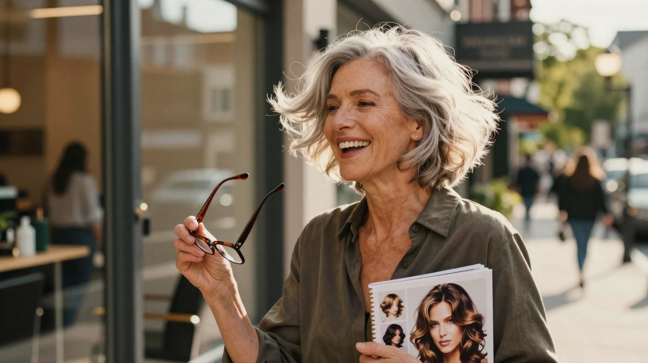Mulher madura sorridente segurando óculos e revista de moda em ambiente urbano ao ar livre.
