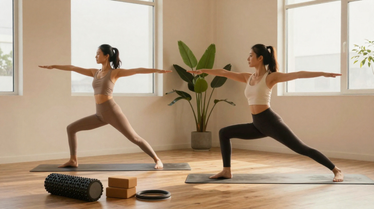 Duas mulheres praticando yoga em posição de guerreiro em sala iluminada com plantas ao fundo.