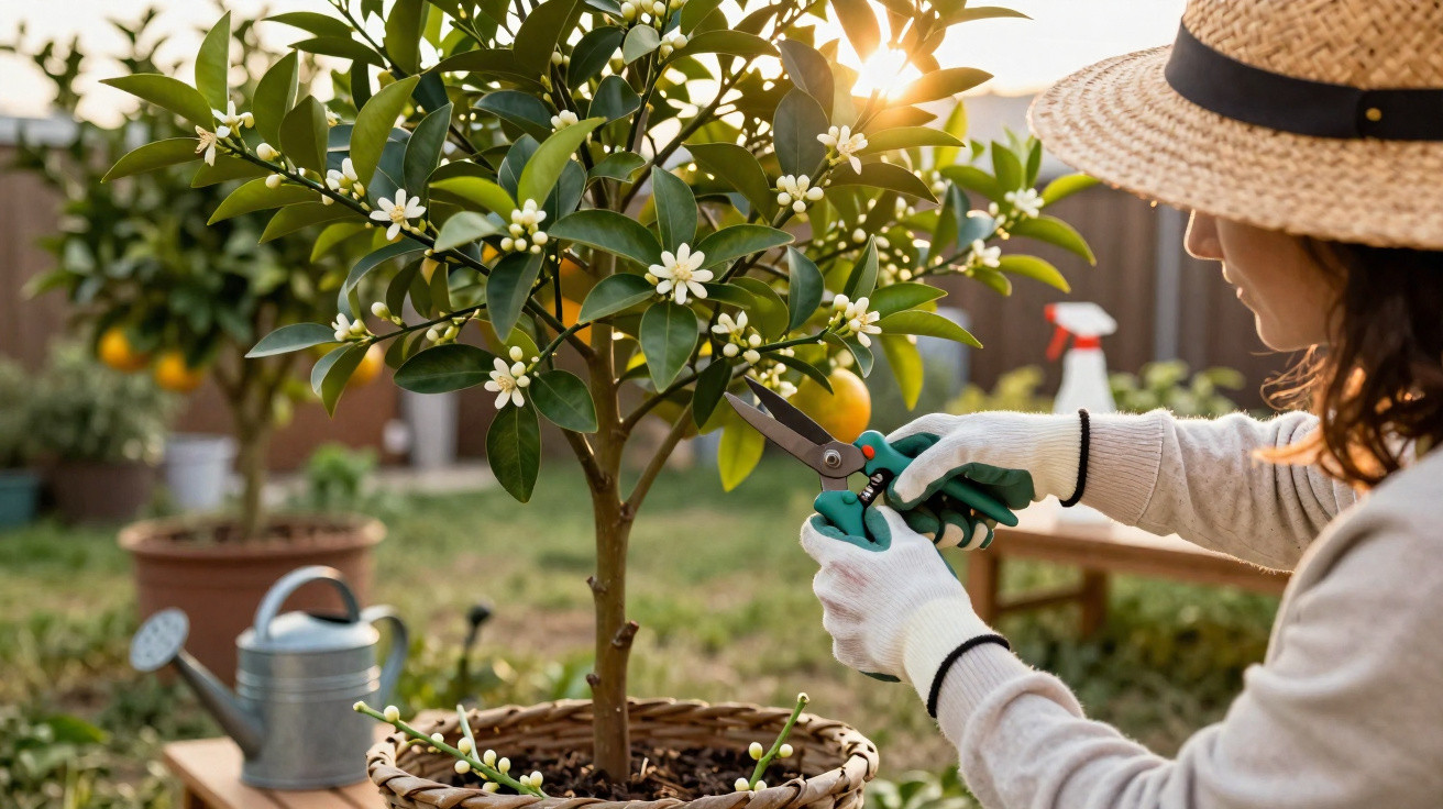 Pessoa com chapéu e luvas podando planta florida em vaso com tesoura de jardinagem ao pôr do sol.