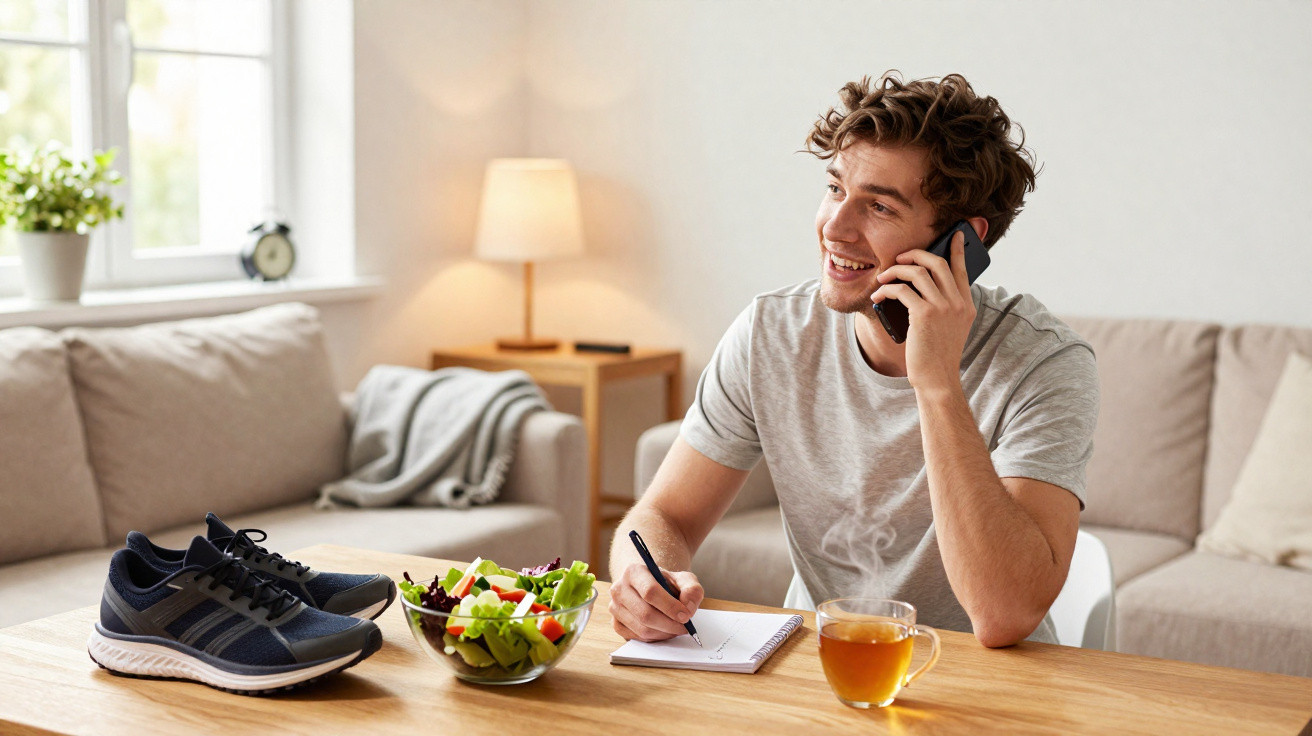 Homem sorridente falando ao telefone enquanto anota algo, com tênis, salada e chá sobre a mesa.