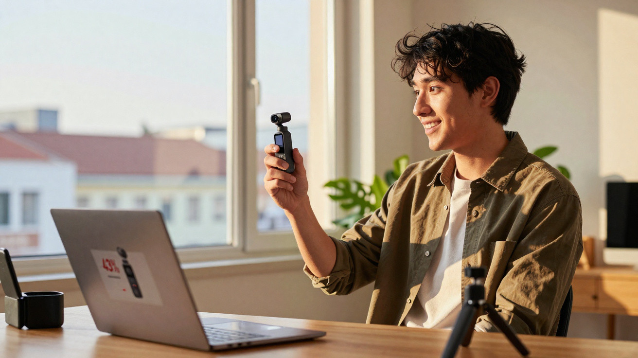 Jovem sentado à mesa segurando câmera portátil, sorrindo, com laptop e tripé ao redor, em ambiente iluminado.