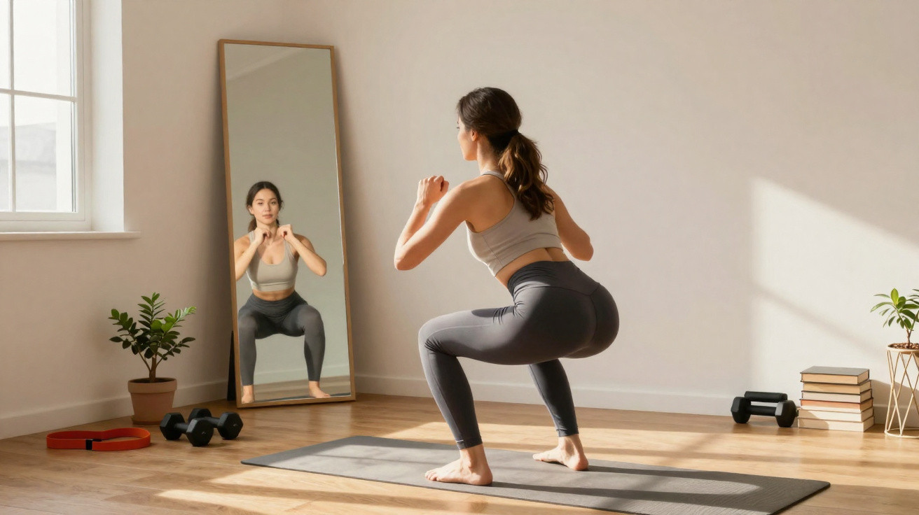 Mulher fazendo agachamento em tapete de yoga, olhando para espelho em sala iluminada com plantas e halteres.