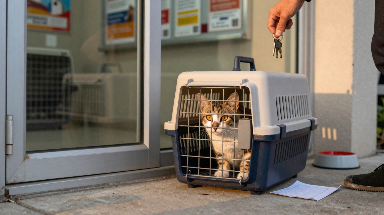 Gato dentro de transportadora pet azul na porta de clínica, com mão segurando chaves ao lado.