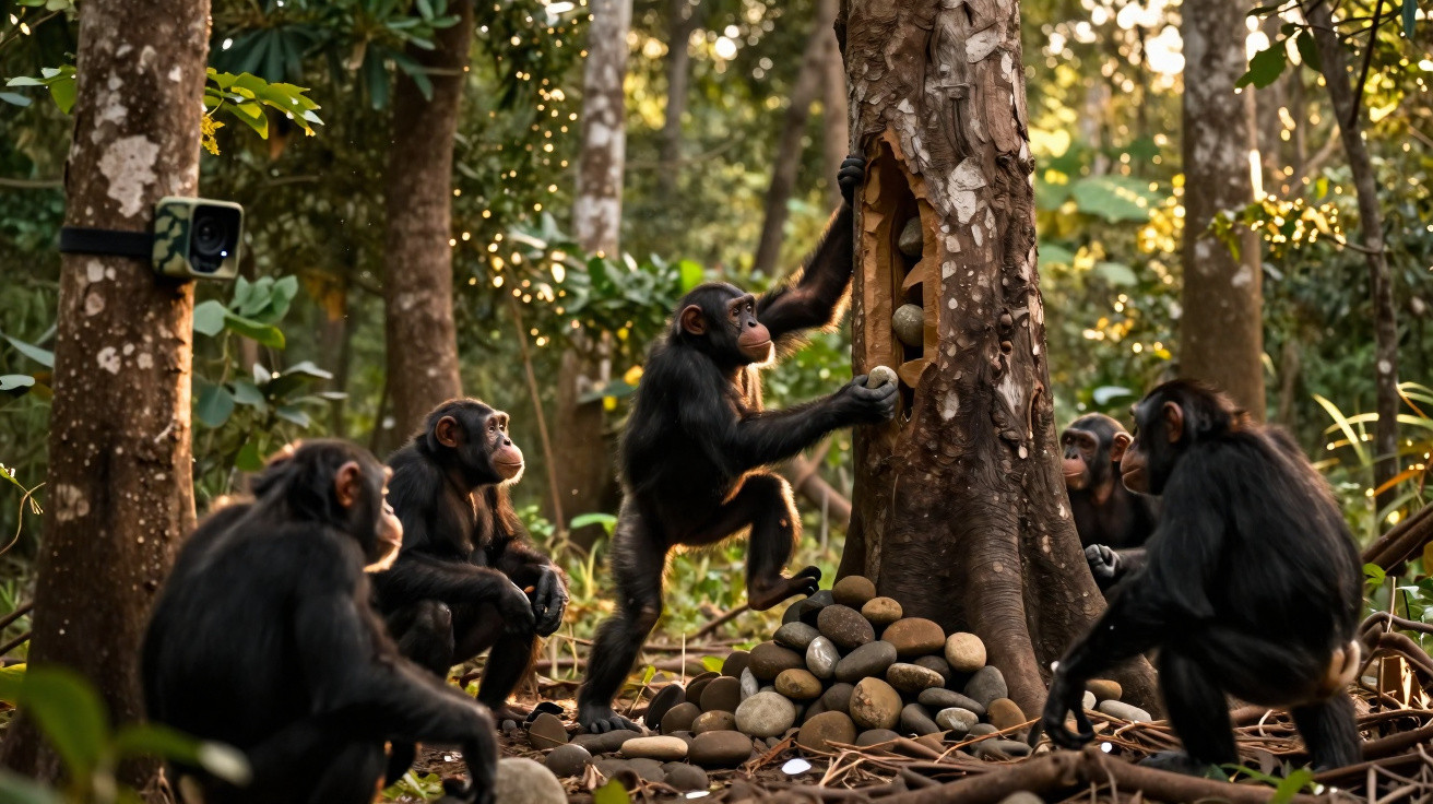 Grupo de chimpanzés coletando pedras em árvore oca em área de floresta iluminada pelo sol.