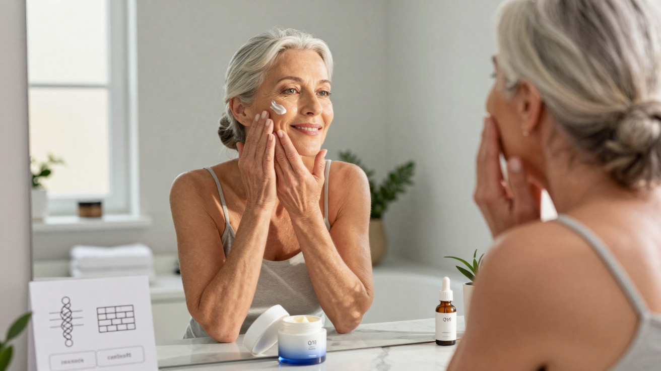Mulher madura aplicando creme facial no rosto em frente ao espelho no banheiro iluminado.